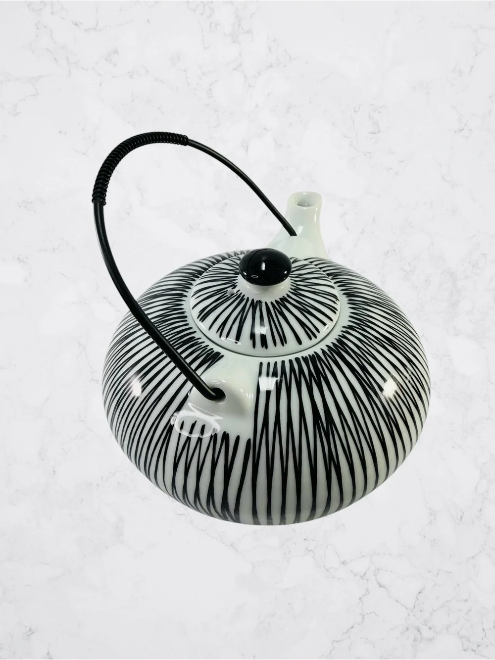 Pier 1 Hand Painted Porcelain Akina Black White Stripe Decorative Tea Pot Kettle